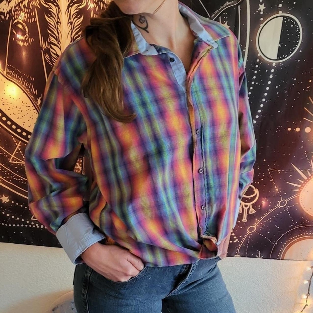 Rainbow Pride plaid button up dress shirt, Unisex, Large, Comfortable, Cotton